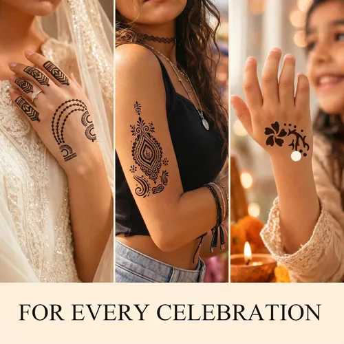 Vista 2 de Koogel Kit de plantillas de tatuaje de henna de 18 hojas, 97 plantillas de tatuaje con brillantina temporal para pintura facial y arte corporal
