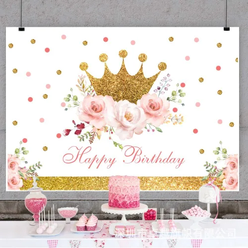 Vista 4 de Telón de fondo de feliz cumpleaños de 5 x 3 pies para niñas, corona dorada, fondo de fotografía floral rosa para decoración de fiesta de cumpleaños