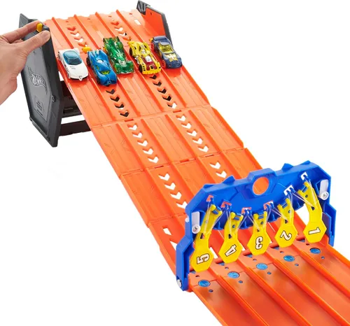 Vista 4 de Hot Wheels Track Builder Action, Pista de Carreras Desplegable, Juego de Pista con Pista de Carreras de 5 Carriles y Cubo de Almacenamiento