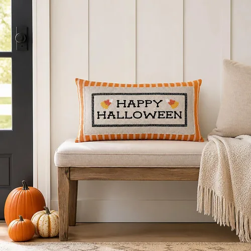 Vista 9 de Mud Pie Almohada de Halloween, almohada bordada Happy Halloween Naranja
