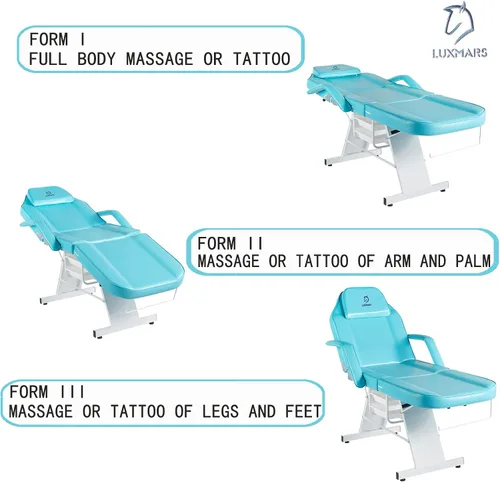 Vista 9 de Silla facial, silla de tatuaje de 73 pulgadas para cliente, mesa de masaje ajustable de 3 secciones con taburete, camas de belleza multiusos