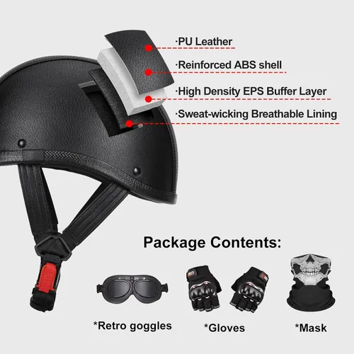 Vista 5 de Casco de motocicleta de cuero hecho a mano, casco retro de media cara para adultos, hombres y mujeres, casco ligero abierto 1/2 vintage