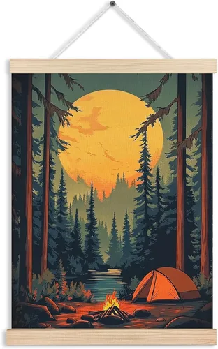 Vista 10 de FITIE Arte de pared para el hogar, bosque rústico, fogata, campamento, arte de pared, paisaje de naturaleza de montaña oscura, escena nocturna