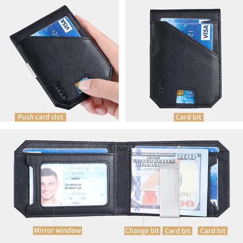 Vista 2 de Mens slim leather wallet mens minimalist wallet wallet RFID blocking front pocket bi-fold wallet with ID window Black