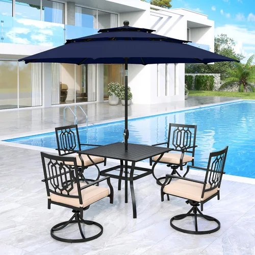 Vista 25 de MFSTUDIO Juego de mesa de comedor para patio al aire libre con paraguas, 4 sillas giratorias y 1 x 37 cuadrado Bistro forjado Iorn Slat mesa grande