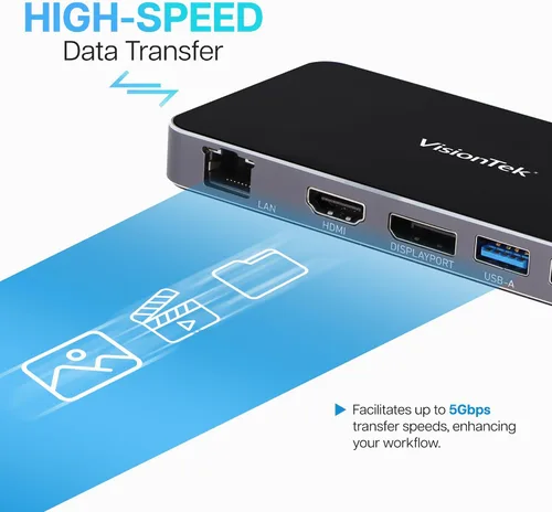 Vista 3 de VisionTek VT350 Hub portátil USB-C para monitor dual, 1 DP, 1 HDMI, 2 USB-A, 1 Ethernet, 1 USB-C para Windows/MacOS/ChromeOS/iOS Dual Display via