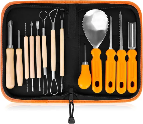 Vista 8 de Elmchee Kit de herramientas para tallar linternas de calabaza de Halloween Jack-O 11 piezas profesionales de corte de calabaza, Kit de herramientas