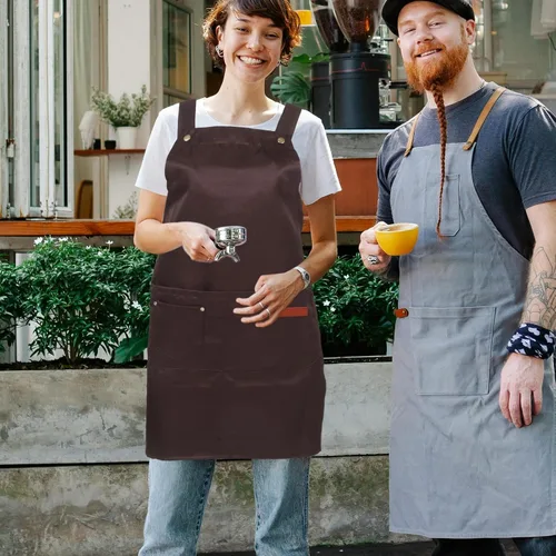 Vista 5 de Uonlytech Waterproof Commercial Bib Apron with Pockets Adjustable Unisex Work Apron for Kitchen Cooking Serving Coffee Shop Staff