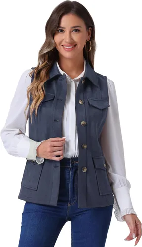 Vista 8 de Allegra K Chaleco de Gamuza Sintética Utilitario para Mujer con Botones sin Mangas con Bolsillo Cargo Verde militar
