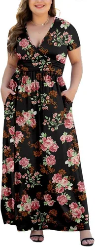 Vista 10 de Maxi vestido casual para mujer, diseño de manga corta con cuello en V y bolsillos, tallas L-5XL A01-negro
