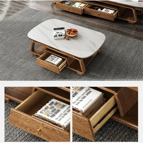 Vista 6 de Mesa de té para sala de estar, moderna mesa de centro de lujo, parte superior de pizarra y marco de madera de fresno, mesa central ovalada grande
