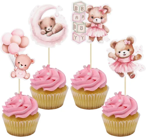 Vista 14 de Gyufise 32 Piezas Decoraciones para Cupcakes de Oso de Baby Shower Luna Oso Bebé Decoraciones de Pastel de Baby Shower Tema de Animales de la Selva