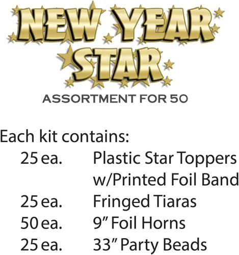 Vista 2 de Beistle Kit de fiesta surtido de estrellas de año nuevo dorado para 50