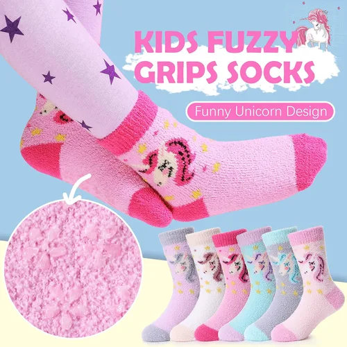 Vista 2 de ANTSANG Calcetines mullidos con agarres antideslizantes para niños y niñas, calcetines mullidos y acogedores de felpa cálidos, paquete de 6