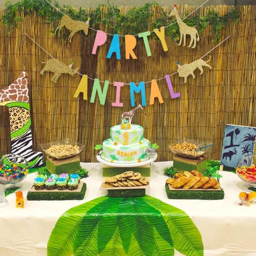 Vista 4 de WAOUH Cartel de cumpleaños de animales para fiestas, decoración de fiesta de zoológico y circo para baby showers, accesorios de fotos brillantes