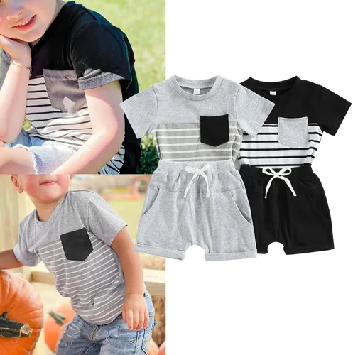 Vista 29 de Conjunto de traje de verano para bebé niño pequeño, manga corta, cuello redondo, letras impresas, lindo traje de verano, conjunto de 2 piezas