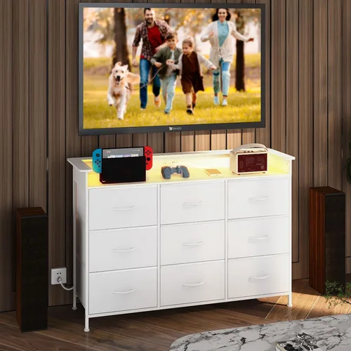 Vista 9 de EXOTICA Cómoda blanca con luz LED para dormitorio, 9 cajones con estación de carga, cómoda para entrada, armario, sala de estar, pasillo, marco
