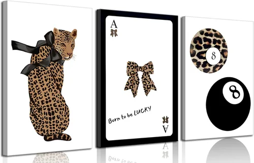 Vista 12 de Conjunto de 3 modernos pósteres de pared de leopardo en lona con bola de la suerte número 8, arte de pared elegante, decoraciones de pared
