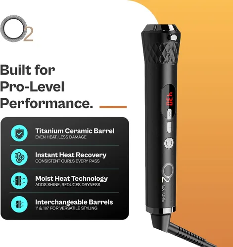 Vista 3 de O2TEXTURE - Juego profesional de rizadores intercambiables de cerámica de titanio con doble barril, mango de control digital y guantes protectores