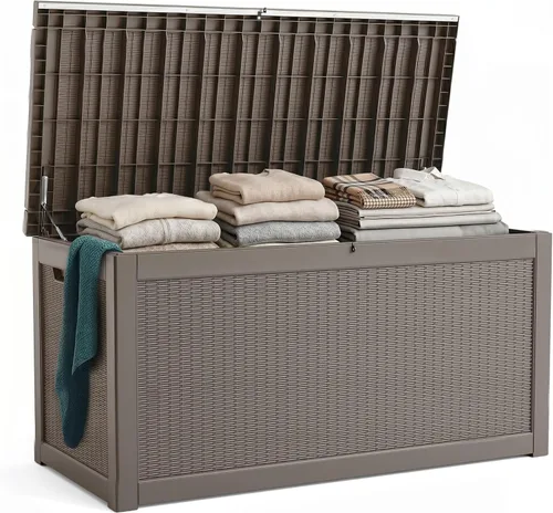 Vista 17 de Caja de resina de 30 galones para terraza, caja de almacenamiento para patio al aire libre con cierre para muebles, herramientas de jardín