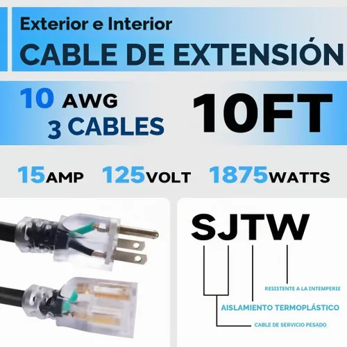 Vista 2 de Cable de extensión iluminado para exteriores de 10 pies, cable de extensión negro resistente SJTW de 10/3 con enchufe de conexión a tierra de 3