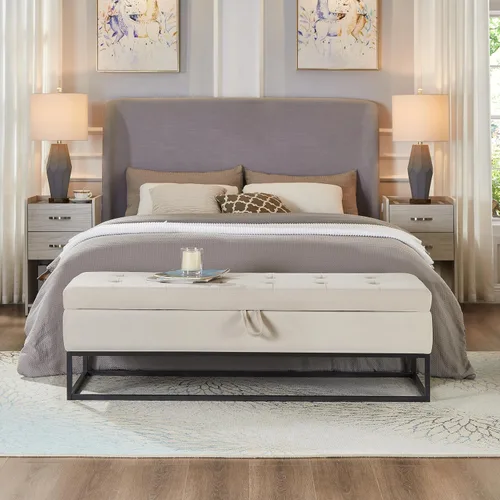 Vista 4 de Linique Banco de cama de 58.6 pulgadas para dormitorios con espacio de almacenamiento, banco de almacenamiento de terciopelo con botones y base