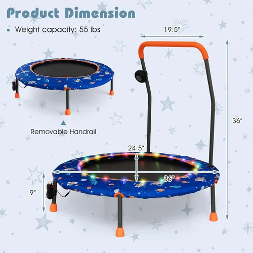 Vista 7 de Goplus Mini trampolín de 36 pulgadas para niños, trampolín para niños pequeños con luces LED, altavoz Bluetooth, mango extraíble, cubierta acolchada