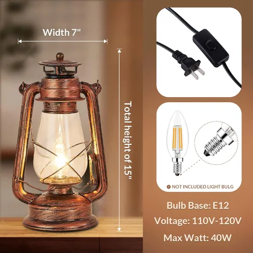 Vista 3 de NOXARTE Lámpara de mesa rústica con diseño de farol antiguo enchufable, luz nocturna perfecta para dormitorio, sala de estar, 15 pulgadas de alto x