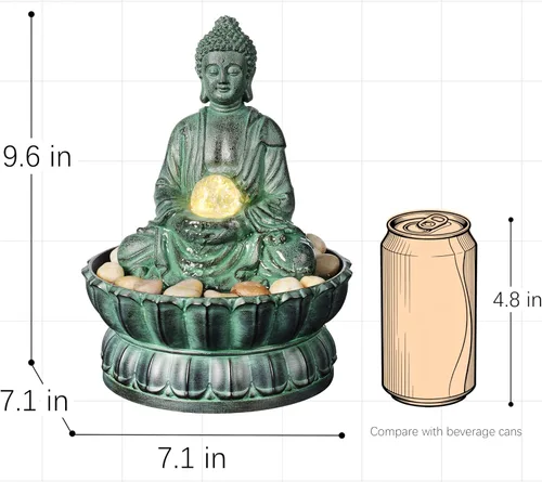 Vista 6 de Fuente de mesa interior Buda exquisita estatua de meditación sentada, fuente de agua de escritorio, fuente zen decorativa con bola rodante