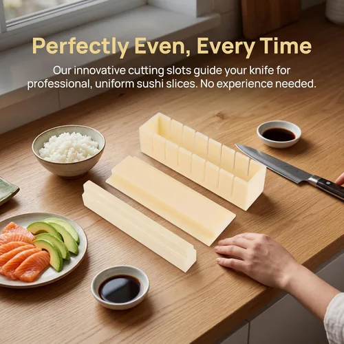 Vista 7 de Oshizushi - Molde de prensa de sushi rectangular, kit de 3 piezas, herramienta profesional para hacer musubi con ranuras de corte, molde de sushi