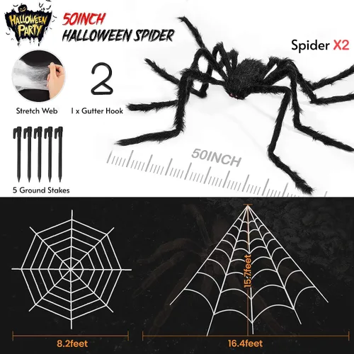 Vista 6 de Decoraciones de Halloween, 2 arañas gigantes de 50 pulgadas + telaraña triangular de 200 pulgadas y tela de araña redonda de 100 pulgadas