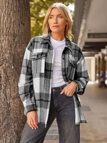 Vista 2 de AUTOMET Trajes de otoño para mujer, estilo casual, a cuadros, con botones, camisas de manga larga 2024