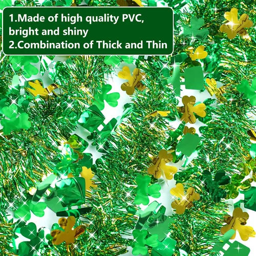 Vista 2 de Guirnalda decorativa de 33 pies para el día de San Patricio, guirnalda de oropel con sombrero de trébol verde dorado, guirnalda metálica brillante