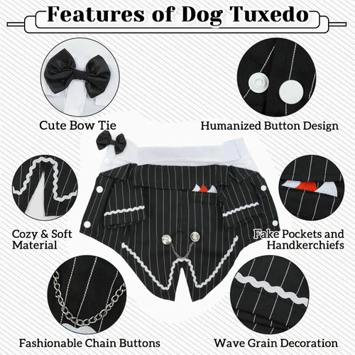 Vista 6 de DENTRUN - Traje de esmoquin para perro con corbatín - Camisa formal de disfraz para mascotas a rayas en negro y blanco, elegante atuendo de boda