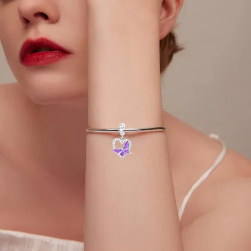 Vista 4 de QeenseKc Dije colgante de corazón de mariposa de cristal para pulsera Pandora
