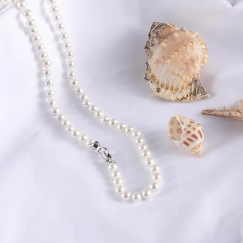 Vista 5 de Collar de perlas de concha para mujer con perlas cultivadas redondas blancas de agua dulce de calidad AAA+, cierre de plata de ley 925 chapado