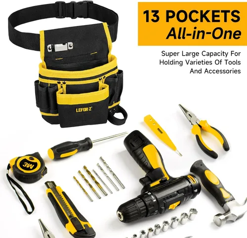 Vista 5 de Cinturón de herramientas, bolsa magnética para herramientas, cinturón de herramientas de 13 bolsillos para hombres, cinturón de herramientas