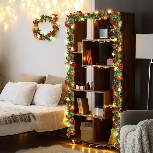Vista 6 de Duraaamo 5 piezas de guirnalda de Navidad preiluminada con luces de estrella de 1,8 m, 20 luces LED, guirnalda de acebo con bayas rojas, funciona