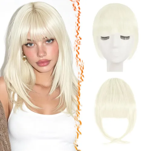 Vista 35 de BARSDAR Flequillo postizo de pelo humano real - Flequillo postizo 100% pelo humano para mujeres - Extensiones de flequillo ondulado castaño rojizo