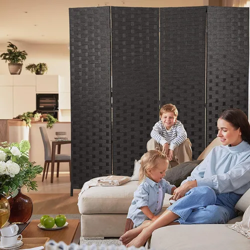 Vista 4 de HCY Separadores de habitación, 4 paneles de 6 pies, pantalla de privacidad plegable de malla de madera tejida a mano para sala de Negro