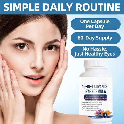Vista 5 de Fórmula avanzada 15 en 1 para ojos – Suplemento de vitaminas y minerales para los ojos con luteína, zeaxantina, extracto de zinc y arándano, apoyo