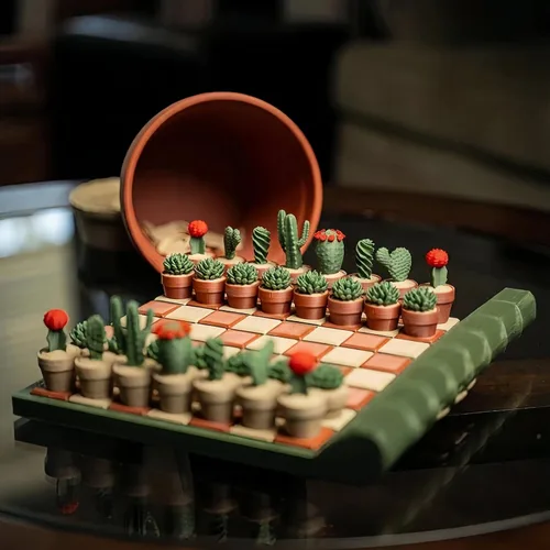Vista 6 de Cactus Chess Set, 3D Printed Magnetic Chess Board, Roll Up Portable Travel Set, Easy Storage Novelty Chess Gift for Plant Lovers（Brown）