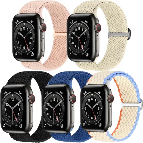 Vista 7 de Paquete de 5 correas ajustables compatibles con Apple Watch de 1.496 in 1.575 in 1.614 in 1.654 in 1.732 in 1.772 in 1.929 in, nailon trenzado Solo