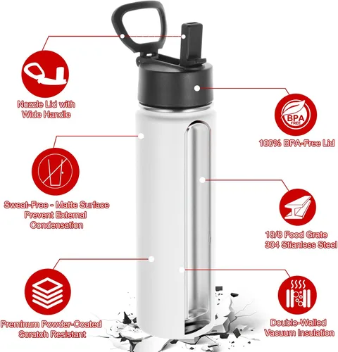 Vista 5 de Volhoply Botellas de agua aisladas con pajita a granel, paquete de 8, no aptas para sublimación, botella deportiva de acero inoxidable de 22 onzas