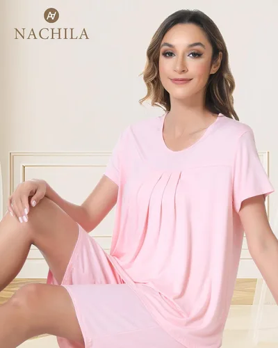 Vista 6 de NACHILA Pijama para mujer de viscosa hecha de bambú, conjunto de pijama de manga corta con cuello redondo, pijama plisado, parte superior suave