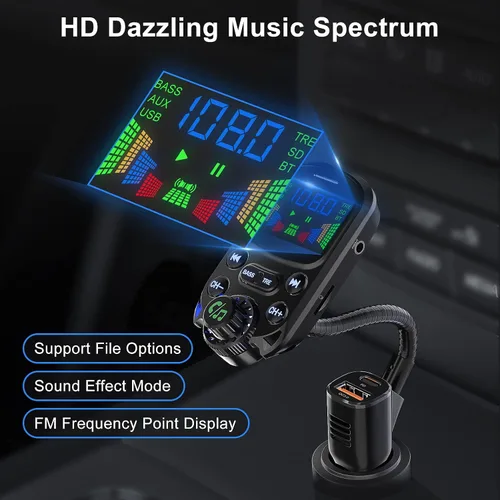 Vista 12 de Transmisor FM Bluetooth 5.3 para coche SOARUN Adaptador Bluetooth para automóvil PD30W y puerto USB, carga rápida, reproductor de agudos y graves