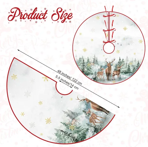 Vista 2 de Falda de árbol de Navidad de 48 pulgadas, falda de árbol de Navidad de poliéster con patrón de copo de nieve, ciervo, muñeco de nieve, decoraciones