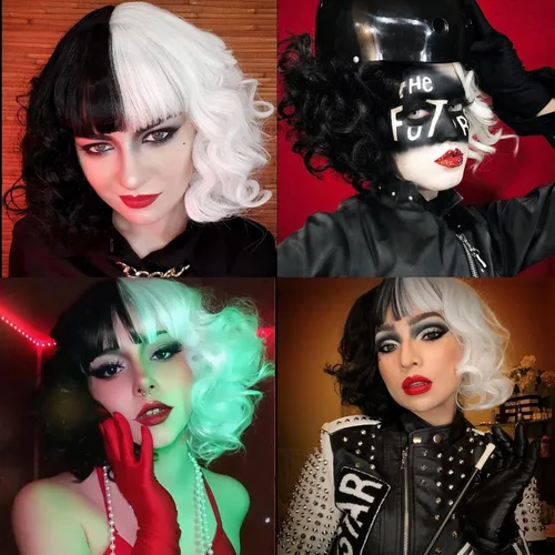 Vista 5 de NICAT - Peluca de Cruella de Vil para mujeres disfraces para hacer cosplay con máscara del futuro peluca con una mitad blanca y la otra negra