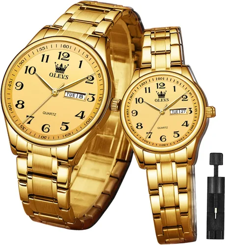 Vista 23 de OLEVS Juego de 2 relojes de cuarzo para parejas de San Valentín, calendario luminoso, ventana de fecha, 3 ATM, impermeable, casual, acero
