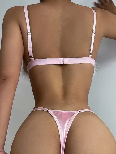 Vista 2 de SOLY HUX Conjunto de lencería de satén con ribete mullido para mujer, Rosado